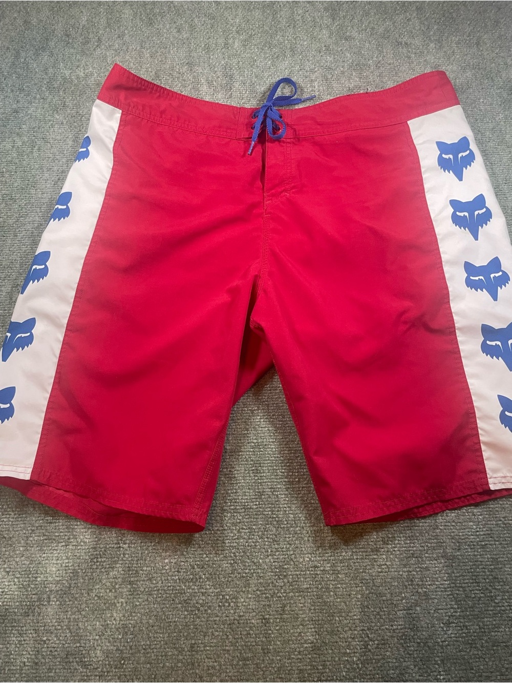 Fox Red Boardshorts with White Side Panels and Blue Fox Logos